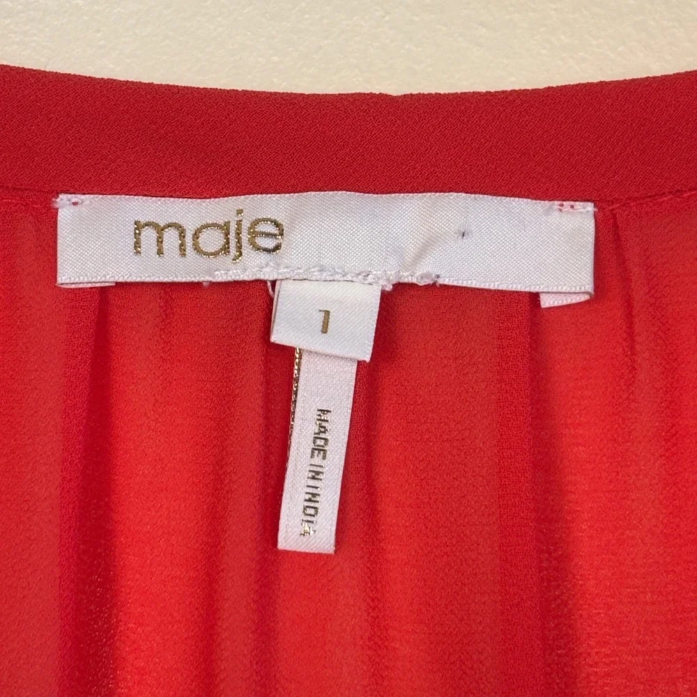 MAJE Rulla Shirred Waist Mini Dress Red Women Size 1 Small Ruffle Skirt Slip